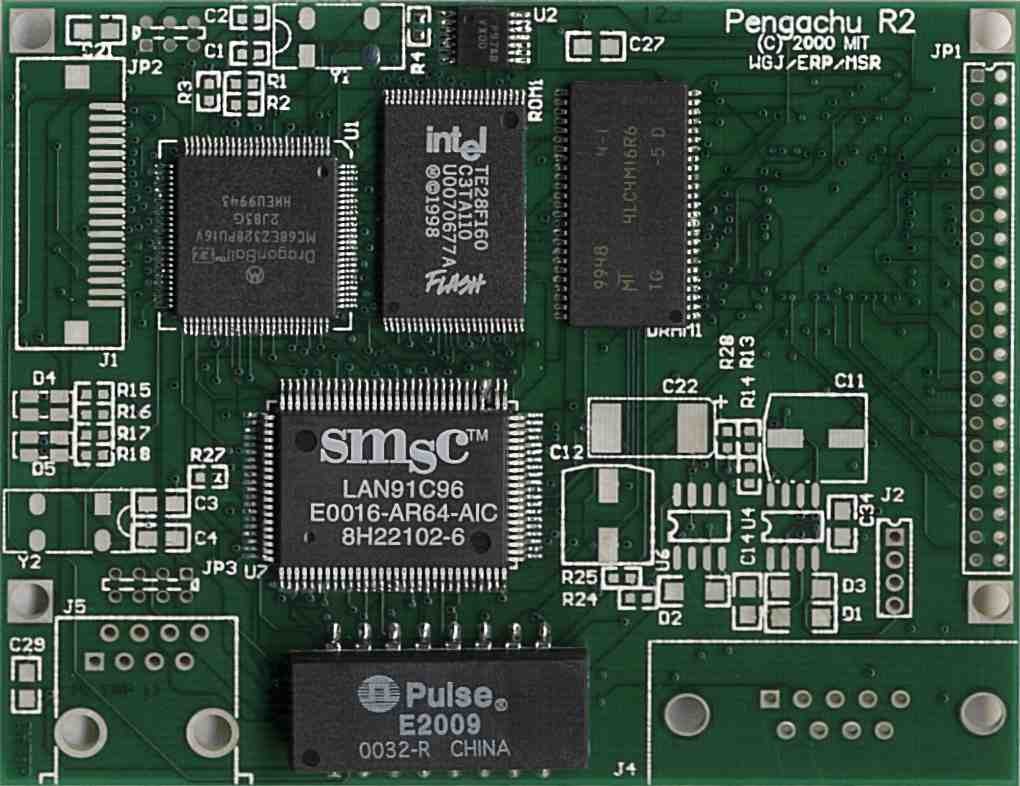 The Pengachu R2 board — a Motorola DragonBall CPU with Intel flash, DRAM, and an SMSC Ethernet controller, silkscreened "Pengachu R2 © 2000 MIT WGJ/ERP/MSR"